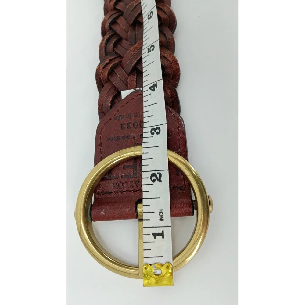 LOFT Woven Braided Leather Belt Brown Gold Circle Buckle Medium Boho Western